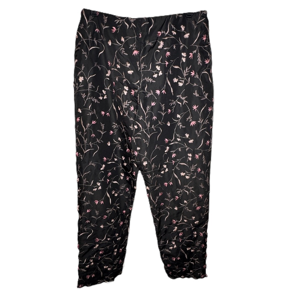 Burns Embroidered Black Silk Ankle Pants Womens 8 Pink‎ Floral Botanical Luxury